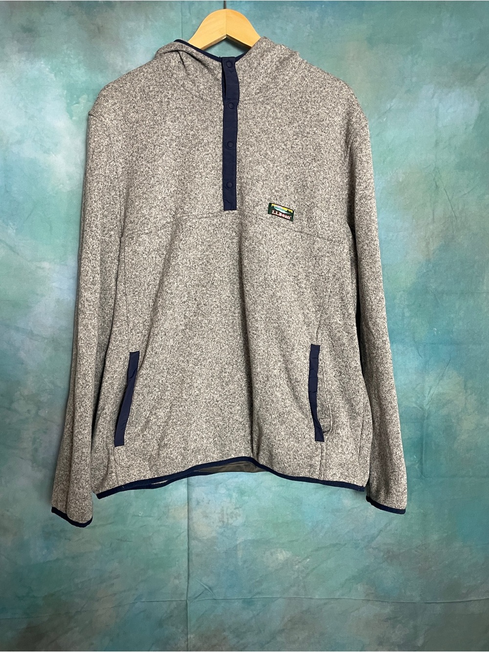 L.L. Bean Gray Hooded Zip-Up Sweater with Navy Trim